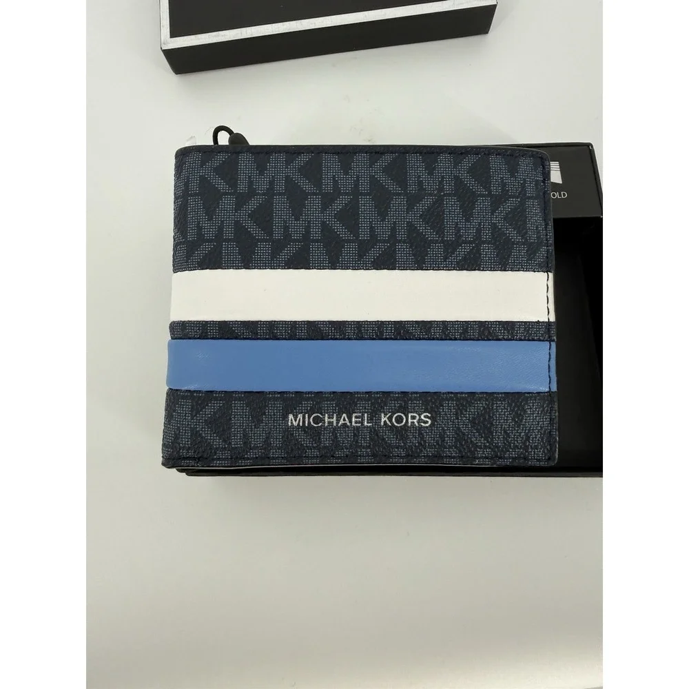 Michael Kors Men's Malone Slim Stripe Logo Wallet Billfold Blue White OS $78